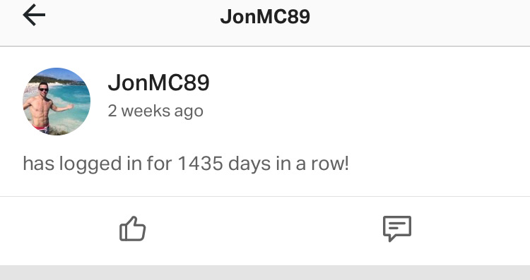 Coach Jon's current streak of 1435 days in a row of logging on MFP!